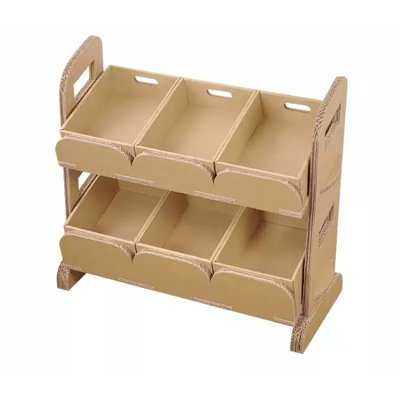 Kids Pretend Play Countertop Display Stand Corrugated Paper Grocery Store Shelf with  Storage Trays Kindergarten Role‑play Game