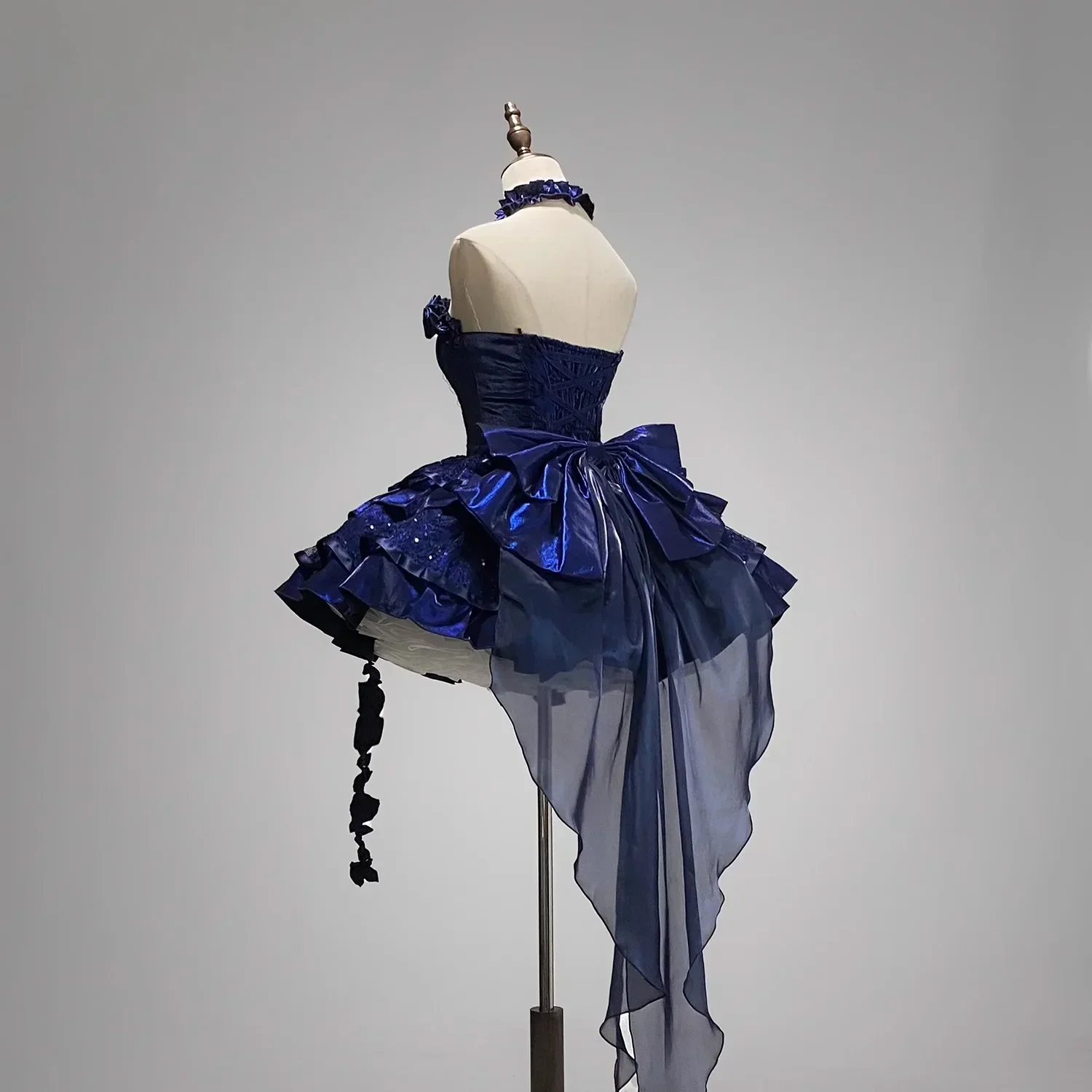 Vestido de princesa azul Lolita para mujer, vestido gótico de cintura alta, ajustado, elegante, a la moda, con volantes rosas en 3D, sin tirantes y sin mangas