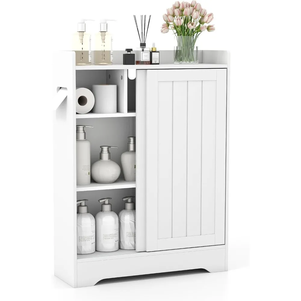 

Bathroom Storage Cabinet, Slim Floor Cabinet w/2 Sliding Doors & Adjustable Shelves,