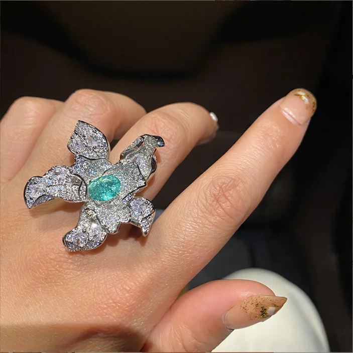 Flower Stamen Blooming Open Ring Tide Light and Luxury Versatile ins Diamond Setting Temperament Girl Ring