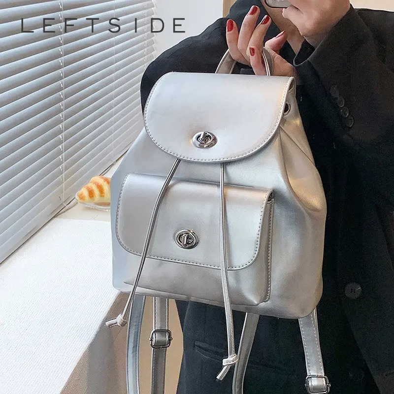 LEFTSIDE Brand 2023 Retro Silver Back Pack Small PU Leather Backpack Women School Bags For Teenagers Girls Luxury Backpacks
