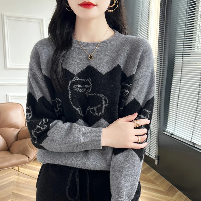 Autumn Winter Women O-Neck Sweater 100% Merino Wool Pullover Basic Shirt Animal patterns Cashmere Knitwear Female Clothing Tops