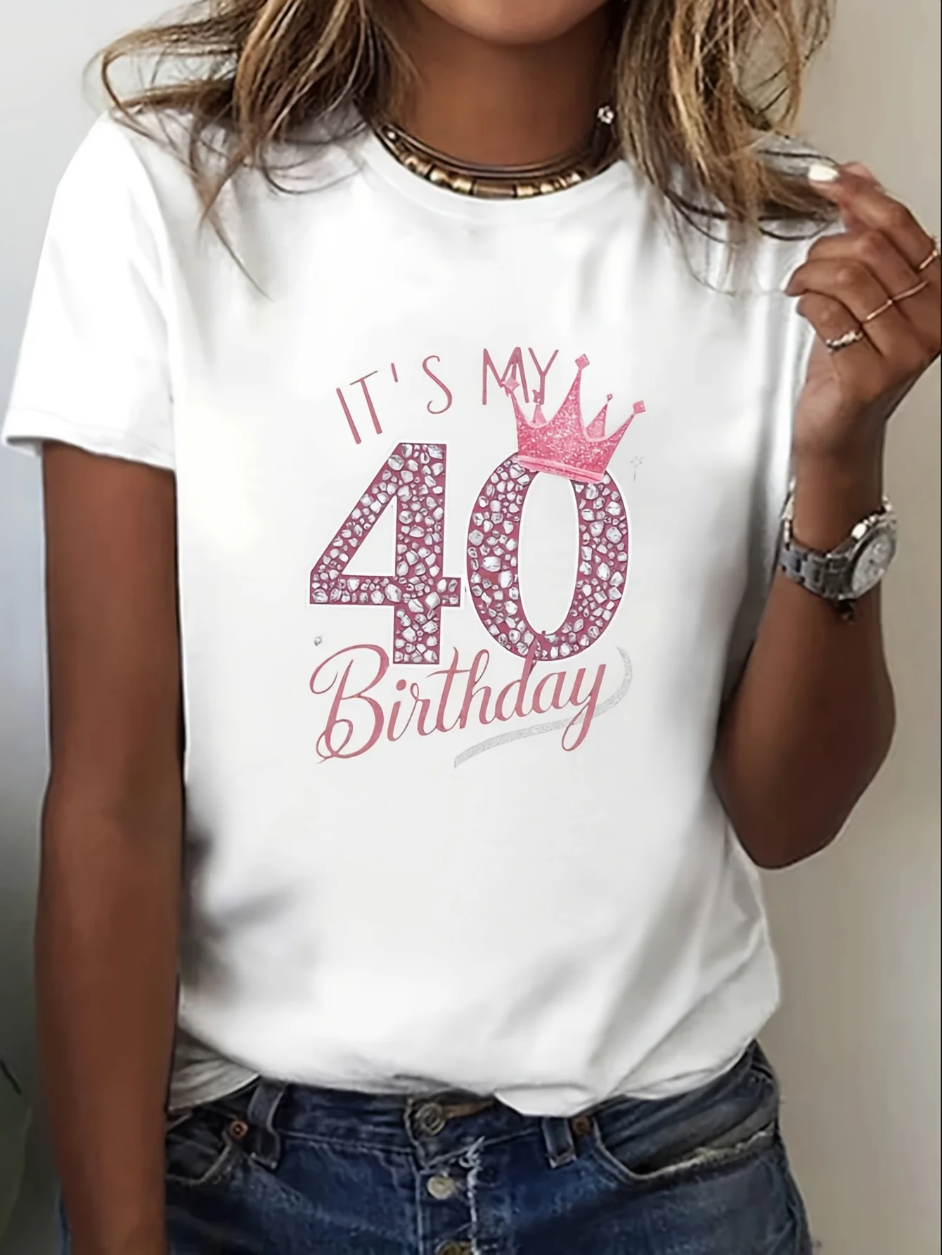 mes womes 40th Birthday Green with Glitter Pink Crown Leopard Print Suitable for Birthday Outfits  Unisex All T-Shirt