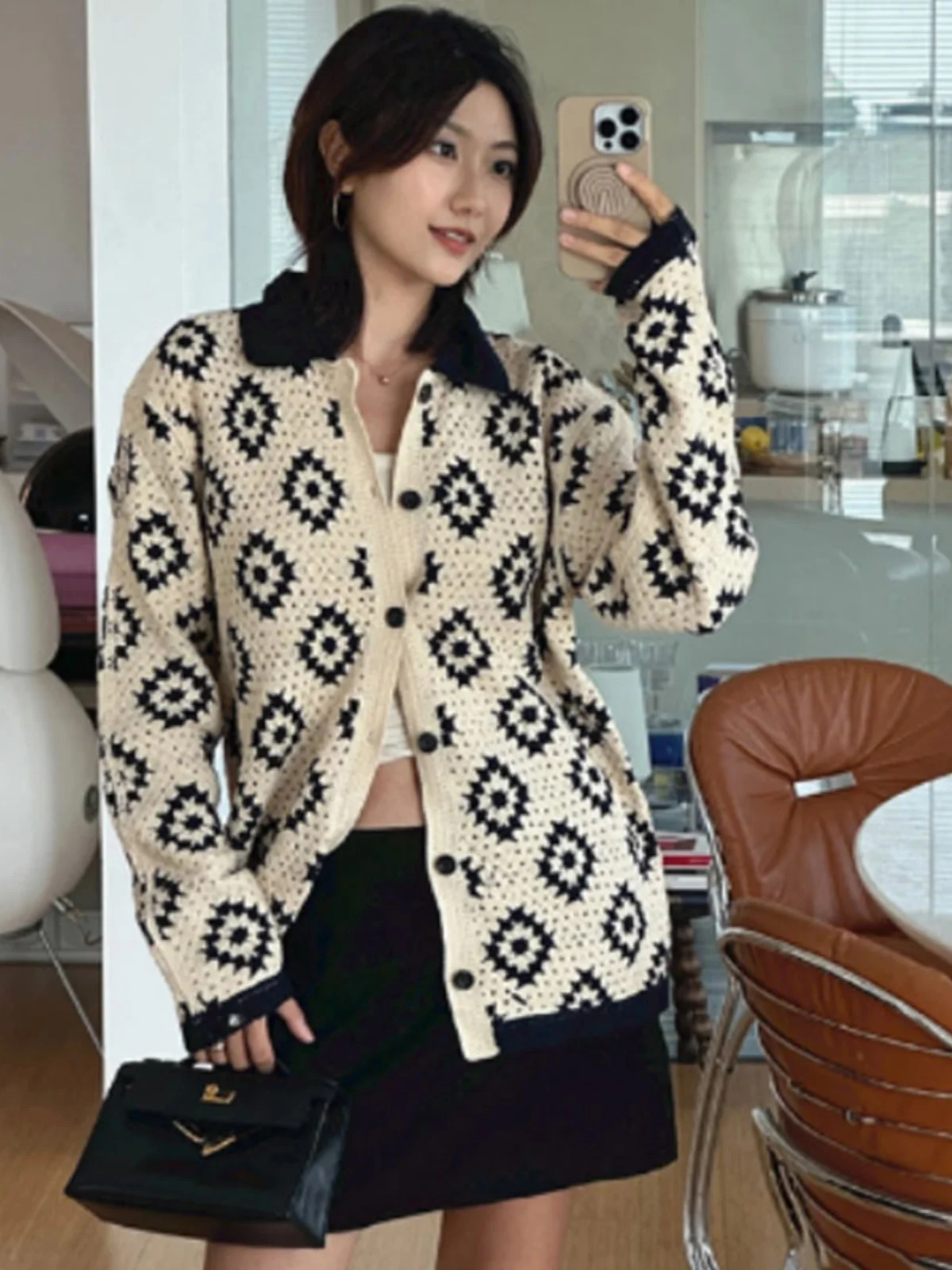 

Осенне-зимний вязаный кардиган ручной работы с цветочным узором и цветными блоками, с ромбовидным узором, для мужчин и женщин, верхняя одежда