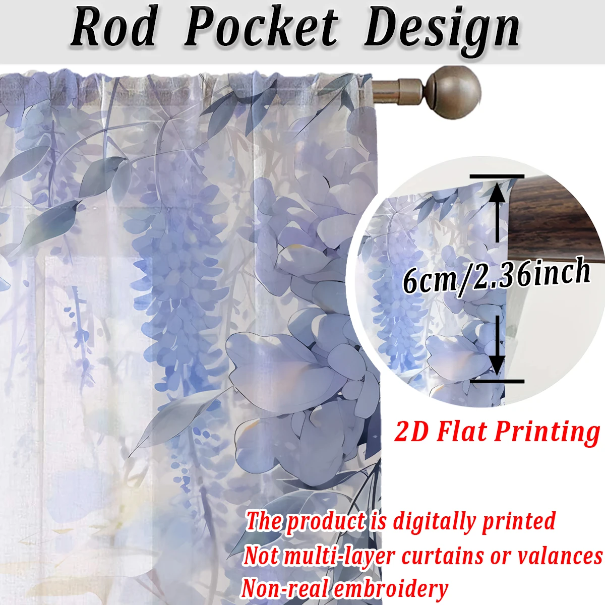 Cortina transparente com impressão plana de flores azuis, tecido leve, para sala de estar, quarto, porta de casa e decoração de janela