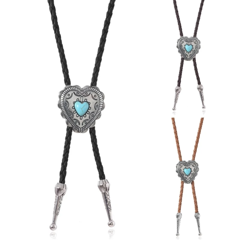 Cowboy Metal Heart Stone Charm Bolo Tie 3 Pack for Western Outfit Accessory with Adjustable Length Leather Cord Necktie