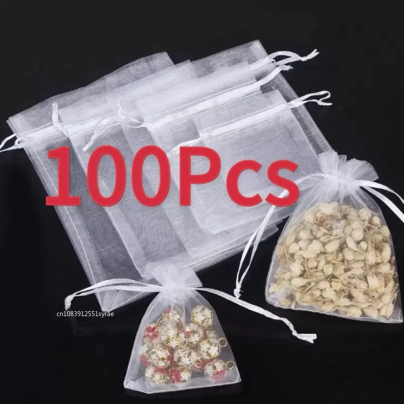50/100 Uds. Bolsas de regalo, suministros para fiestas, recuerdo de Navidad, embalaje de joyería, bolsas blancas, bolsillo con cordón, bolsita de gasa de Organza, bolsa de regalo