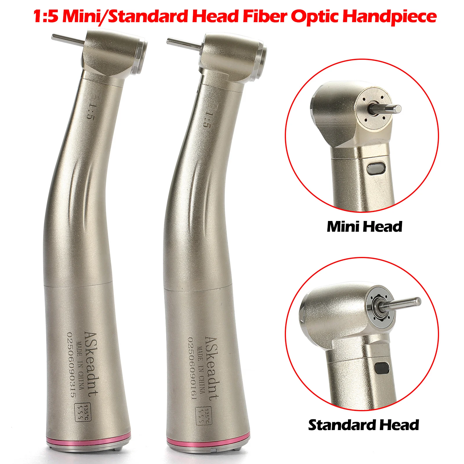 Pieza de mano dental de acero inoxidable con fibra óptica LED, contra-ángulo multiplicador 1:5, cabezal estándar/mini, botón pulsador interno, FG 1.6mm/Rotor
