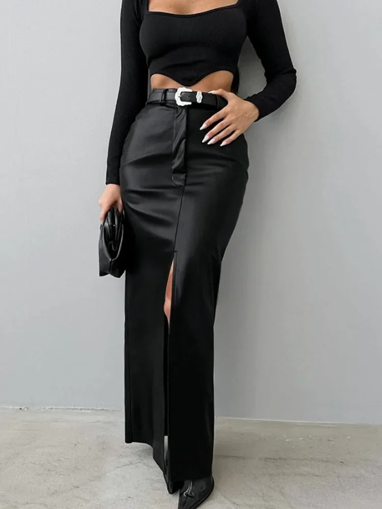 

Элегантная женская юбка-карандаш макси из искусственной кожи с высокой талией и высоким разрезом