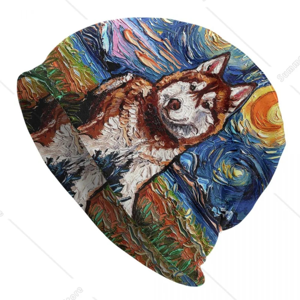 Siberian Husky Starry Night Art Bonnet Hats Street Knit Hat For Women Men Warm Winter Pet Dog Lover Skullies Beanies Caps