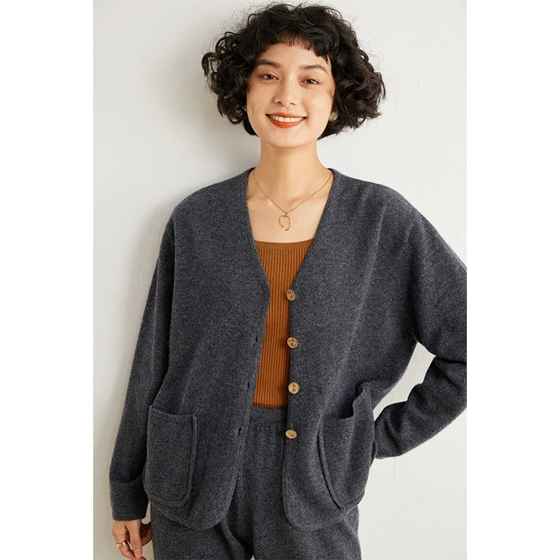 Abito moda autunno inverno 100% Cashmere maglione lavorato a maglia Cardigan donna di qualità e pantaloni Harem due pezzi vestiti da ragazza