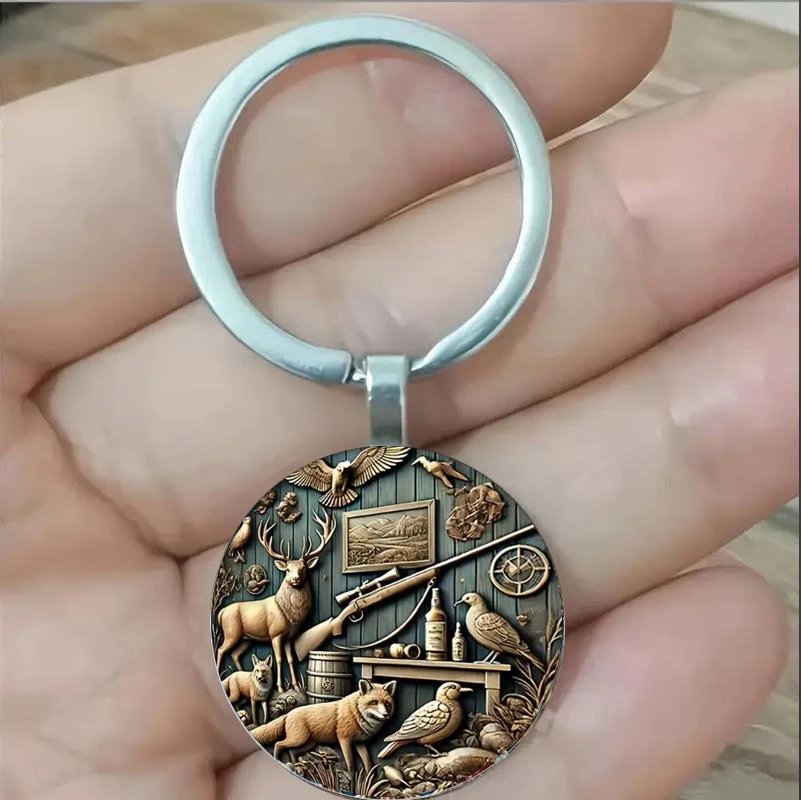 Llavero retro de vida silvestre y caza: diseño de paisaje de bosque nativo, diseño de vidrio circular, accesorios de moda para hombres y mujeres