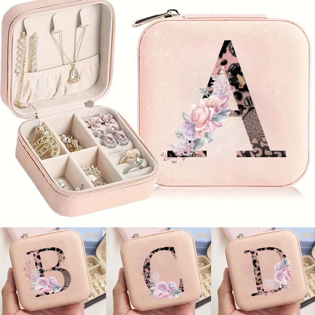 Pink Letter-Printed Portable Mini Jewelry Organizer & Travel Case, Earring, Necklace, and Ring Storage Box, Jewelry Display Box