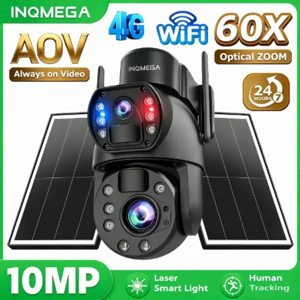 INQMEGA AOV Solar PTZ Camera 10MP 60X Zoom 4G WiFi Dual Lens Laser Night Vision Outdoor PIR Auto Tracking 2-Way Audio IP66 Cam