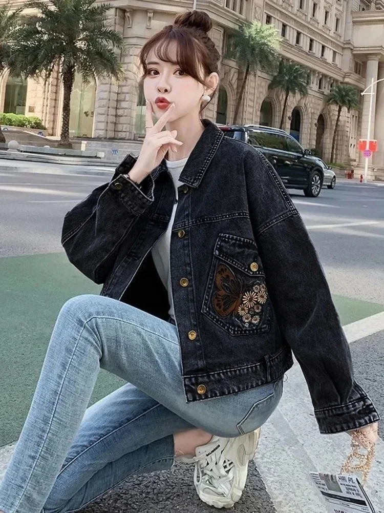 Butterfly Flower Embroidered Letter Denim Jacket Woman Spring Autumn Coat Cotton Outerwear Button Female Girl Casual Jeans