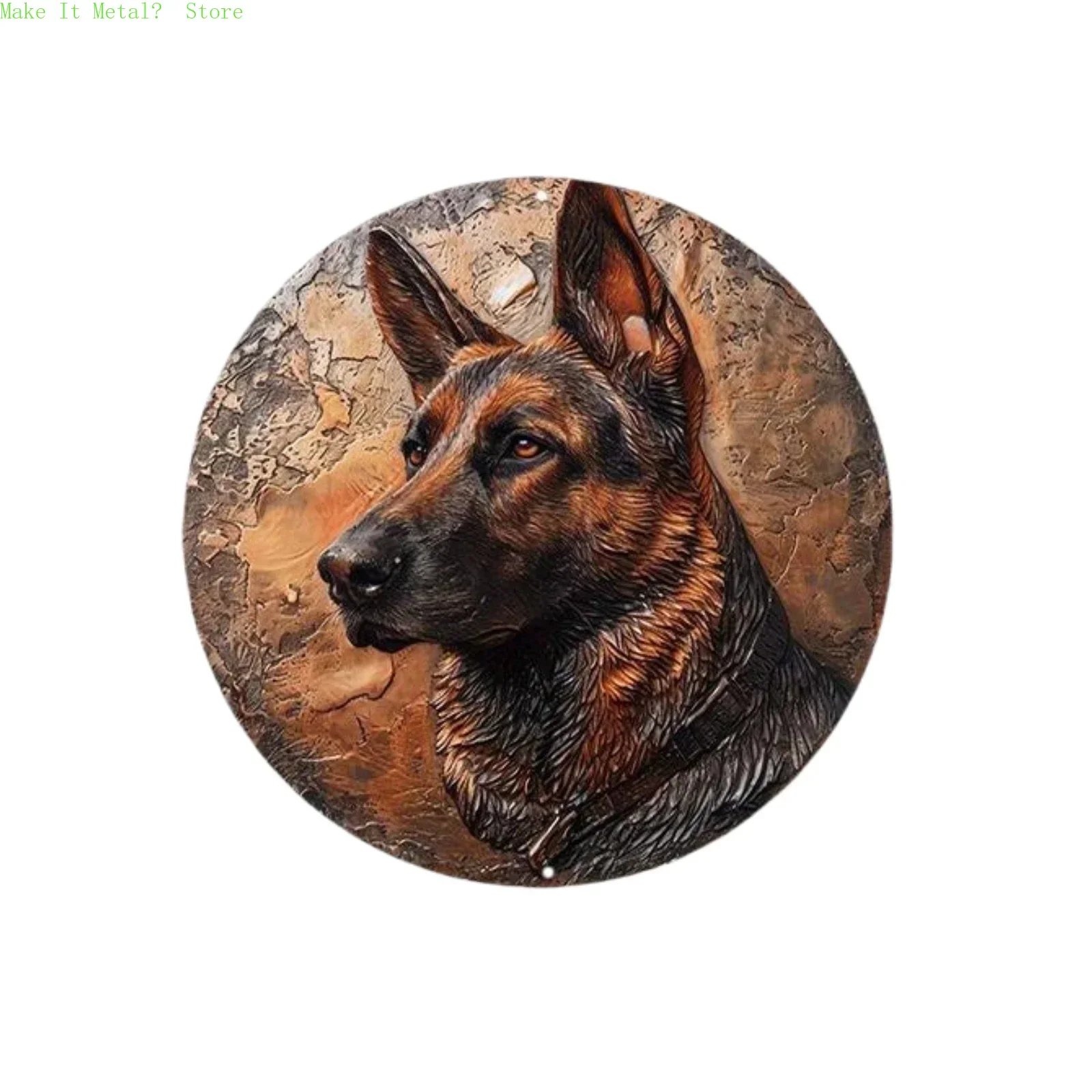 2D Flaches Deutscher Schäferhund Rundes Metallschild, Rustikales Braunes Hundeporträt Wanddekoration für Tierliebhaber