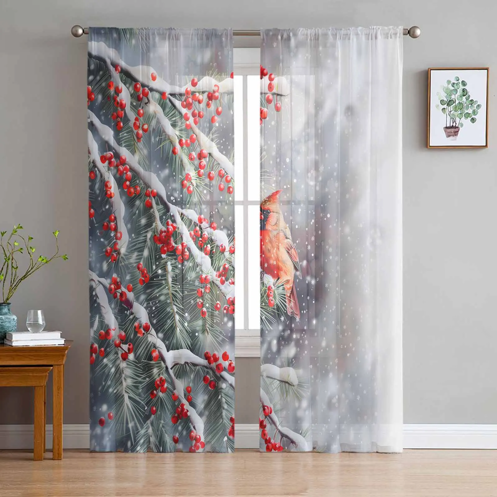 Red Sparrow Berries In Winter Snow Tulle Curtains for Living Room Decoration Modern Chiffon Sheer Voile Christmas Curtains