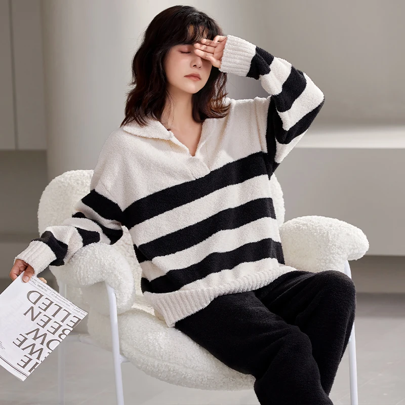 Newest Winter Women Pajama Set Warm Flannel Sleepwear Striped Nightwear