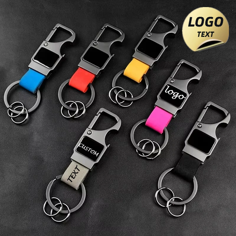 

Customized LOGO Cowhide Bottle Openr Key Chains Multifunctional Leather Metal Keychain Laser Engrave Personalized Car Keyring