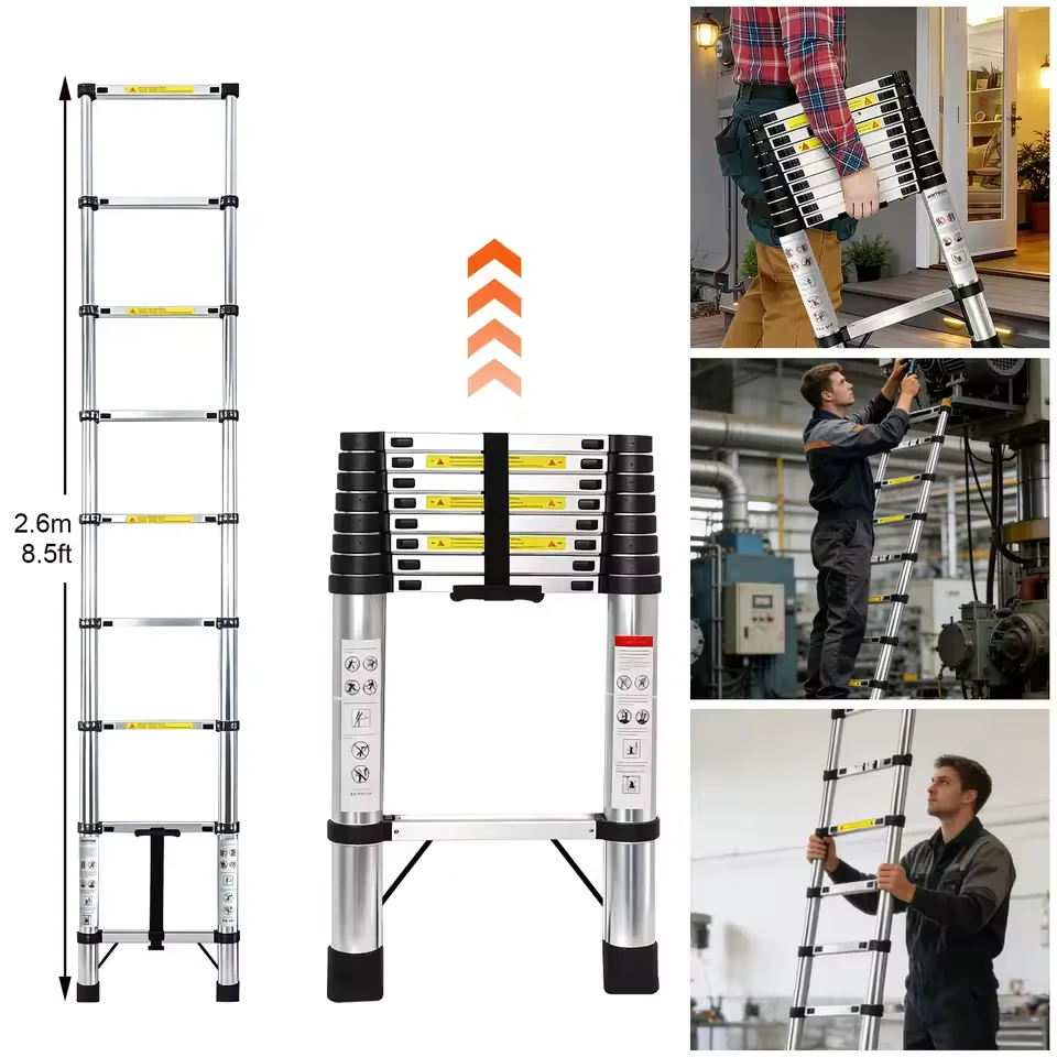 6,3M Telescopische Ladder Roestvrij Staal Opvouwbare Draagbare Verlengladder 150KG Draagvermogen EN131 Antislip Met Haken Voor Thuis- en Campergebruik