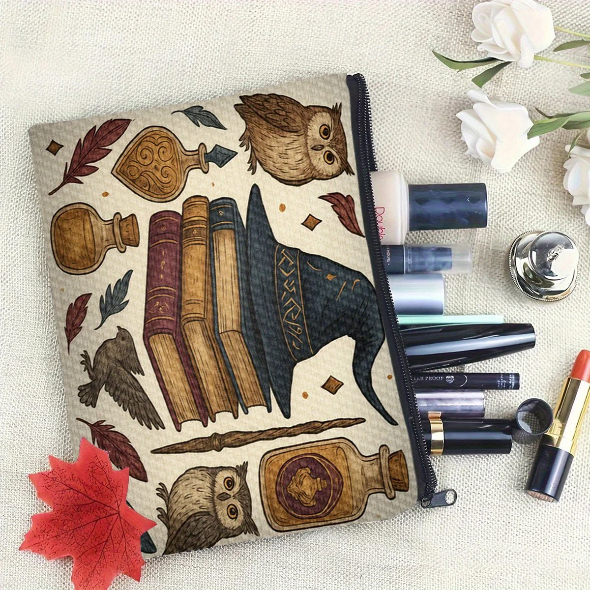1pc Magical Elements Books Hat Owls Potion Bottles Illustration Makeup Pouch Lightweight Travel Toiletry Organizer for Women