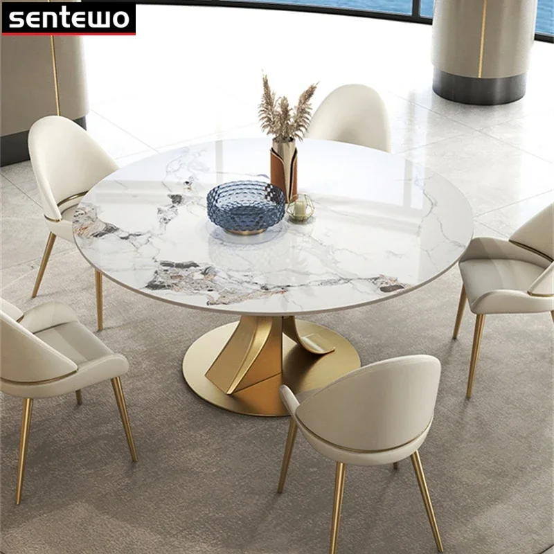Chairs Mesa Posta Furniture Meuble Stainless Steel Gold Base Designer Luxury Round Dinning Marble Rock Slab Dining Table Set