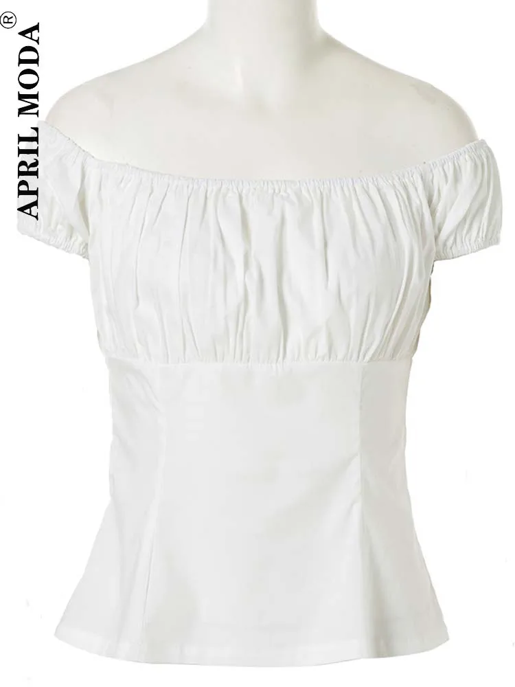 Blusa Retro Vintage para mujer, Blusa de manga abullonada con espalda baja, Tops informales de algodón Pinup de los años 50 y 60, color blanco, 2024