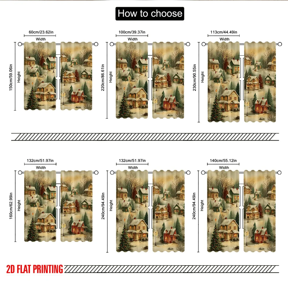 2 قطعة 2D الطباعة المسطحة عيد الميلاد ستائر الحفلات دافئ عيد الميلاد قرية الشتاء مشهد الرقمية المطبوعة البوليستر الستائر احتفالية #3