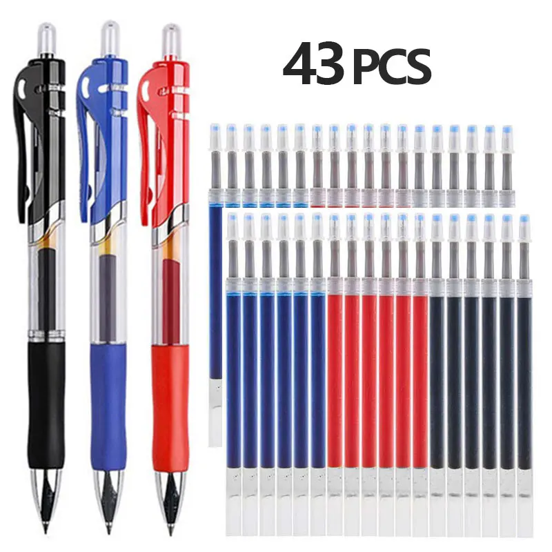 Juego de 43 Uds de bolígrafos y recambios de Gel, papelería, bolígrafo de escritura Kawaii, tinta negra/roja/azul, bolígrafo azul de 0,5mm, suministros escolares de oficina