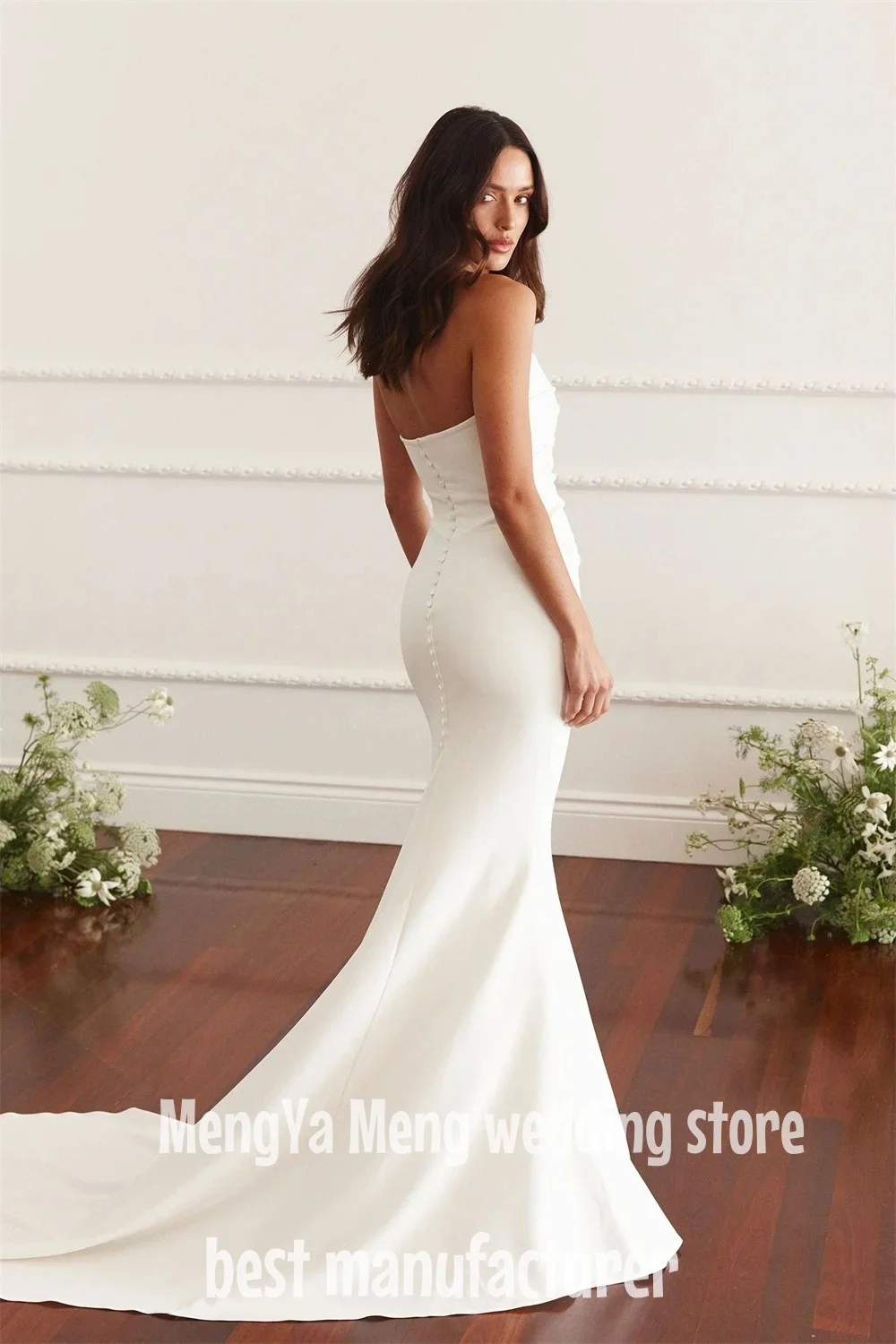 ZHUISHU สีขาว Strapless Mermaid ยาวชุดแต่งงานรถไฟจีบแขนกุด vestidos de novia ปุ่มกลับที่กําหนดเองอย่างเป็นทางการ