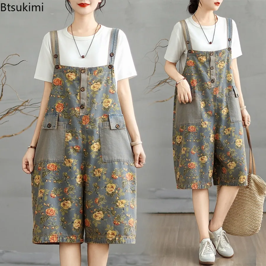 

Denim Jumpsuits Women Vintage Korean Style One Piece Outfit Floral Age Reduction Cropped Wide Leg Pants Summer Women Clothing