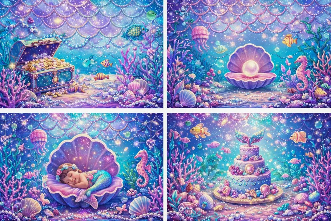 Fondos de estudio fotográfico con diseño de sirena submarina, océano, conchas de coral, tesoro mágico, fantasía en colores pastel.