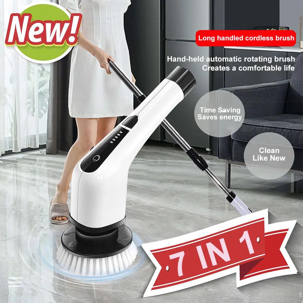 7 In 1 Cordless Power Scrubber Multipurpose Electric Spin Scrubber with 8 Replacement Brush Heads Rotatable Bathroom Accessories