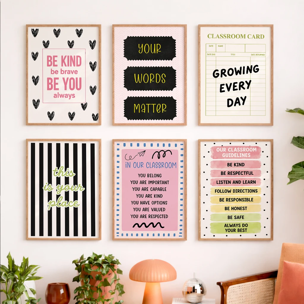 Set of 6 Classroom Motivational Kind Words Matter Growing Every Day Guidelines Stripes Modern Decorative Canvas Poster Wall Art