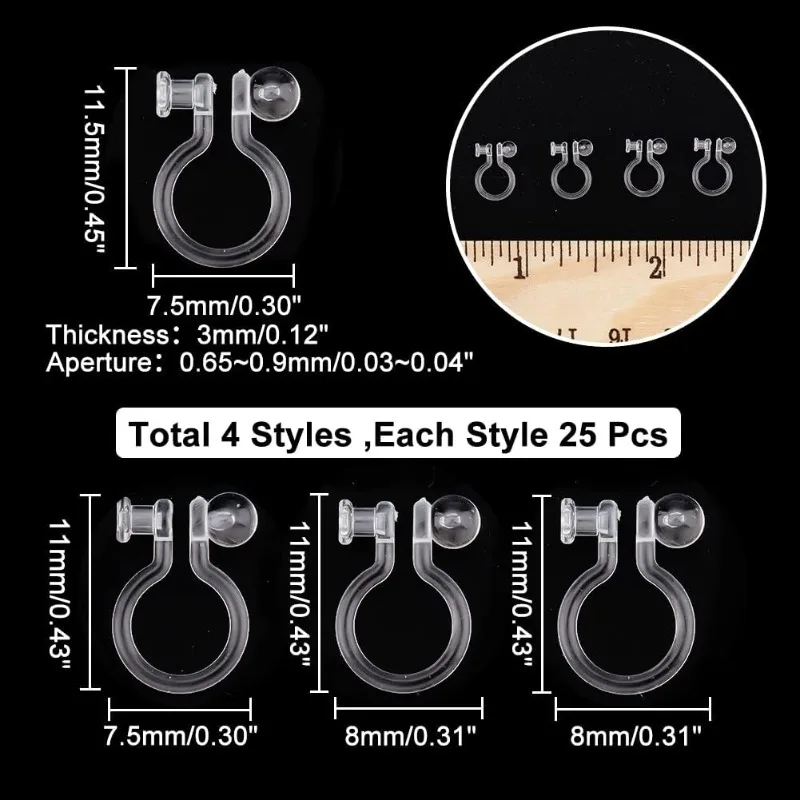 100 Pcs 4 Styles Resin Earring Components Clear Clip-on Earring Converter Clip-on Earring Findings for DIY Non Pierced Earring