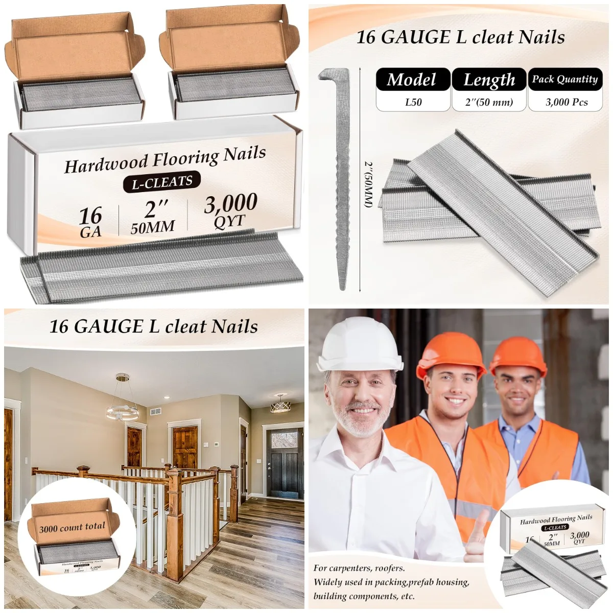 

3000 Counts 16 Gauge Flooring Nails, 2 Inch Length 16GA L-Cleat Nail for Hardwood Flooring for Nailer Gun