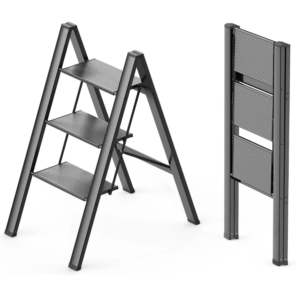 

3 Step Ladder, Foldable Step Stool, Aluminum Lightweight Ladder for Home Kitchen Closet, Anti-Slip Pedals, Ease of Folding, Por