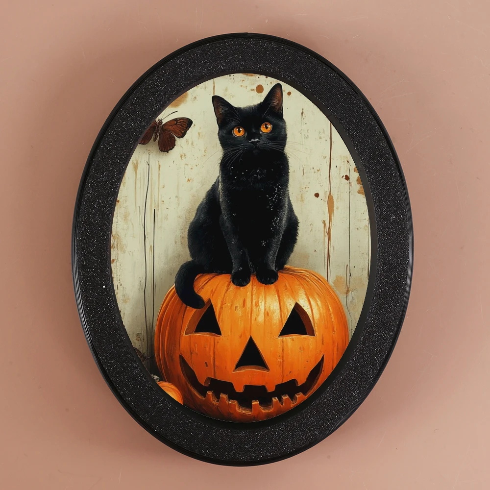 1 Piece Halloween - themed Oval Decoration, Retro Black Frame Shows Black Cat & Pumpkin Scene, Creates Mysterious Festival Atmos