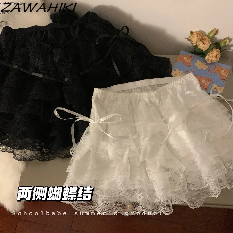 

ZAWAHIKI Mini Skirt Solid Color Lace Elegant Temperament High Waist Sexy Tierred Fashion Casual Y2K Sweet Chic Designed Faldas