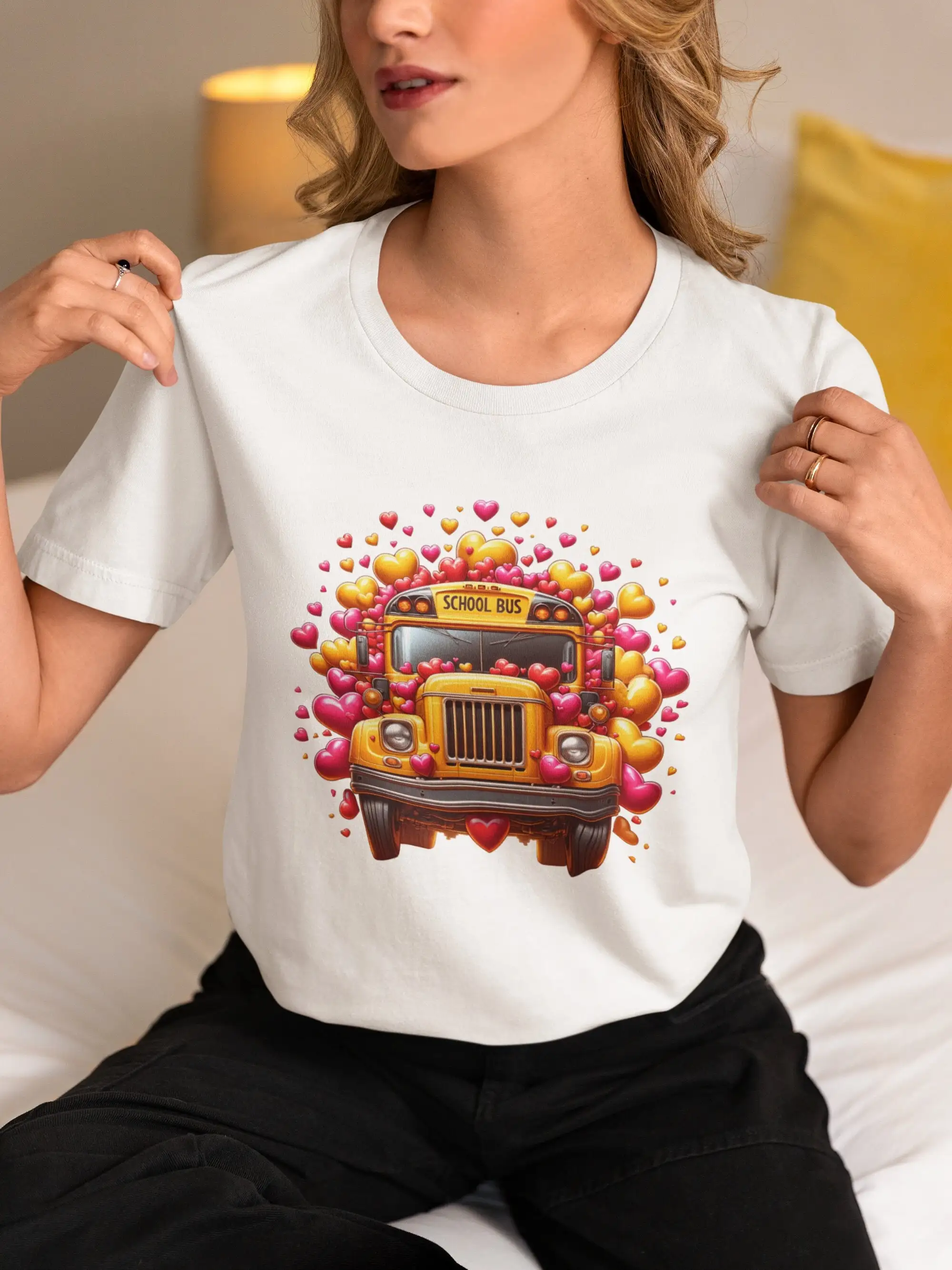 Love Filled School Bus T Shirt Vibrant Heart Print Casual Wear for All Perfect Teachers Students Unique