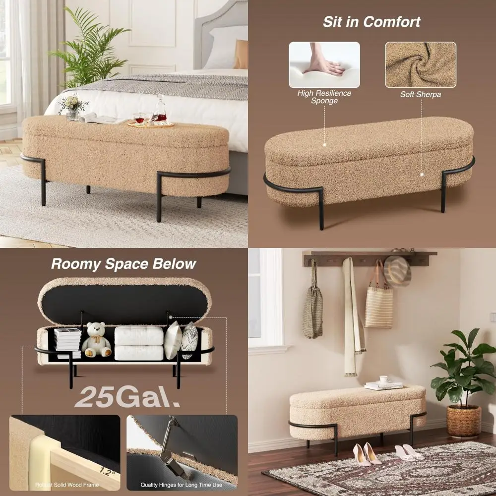 

Large Upholstered Storage Ottoman with Metal Legs, Modern Living Room Bench Featuring Ample Sherpa-Lined Storage Space