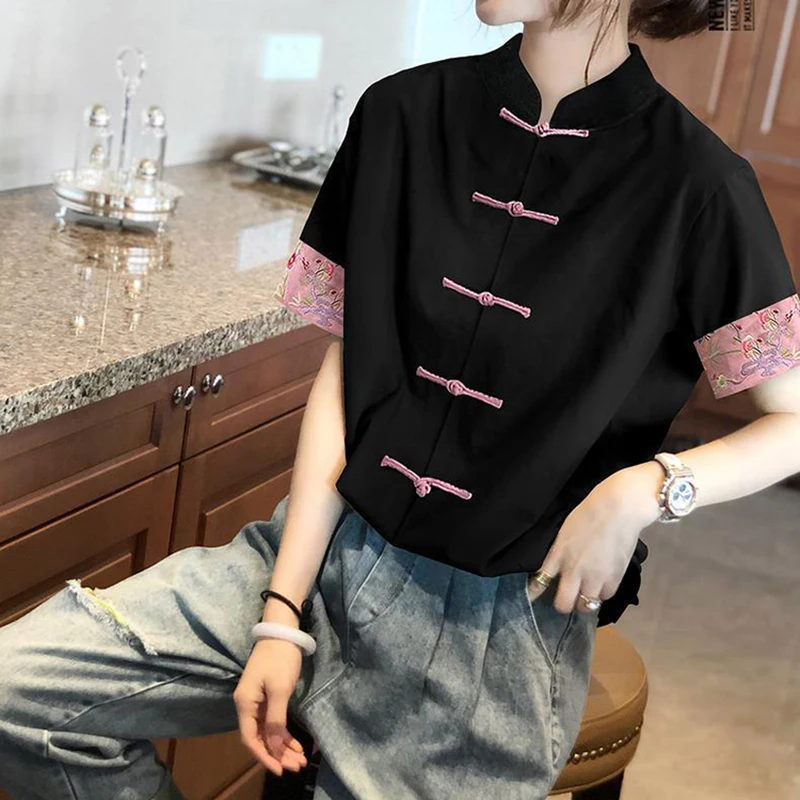 Chinese Style Ethnic Charm Women\'s Clothing Short Sleeve Top Vintage Embroidered Buckle Loose T-Shirts Summer Women Blouse