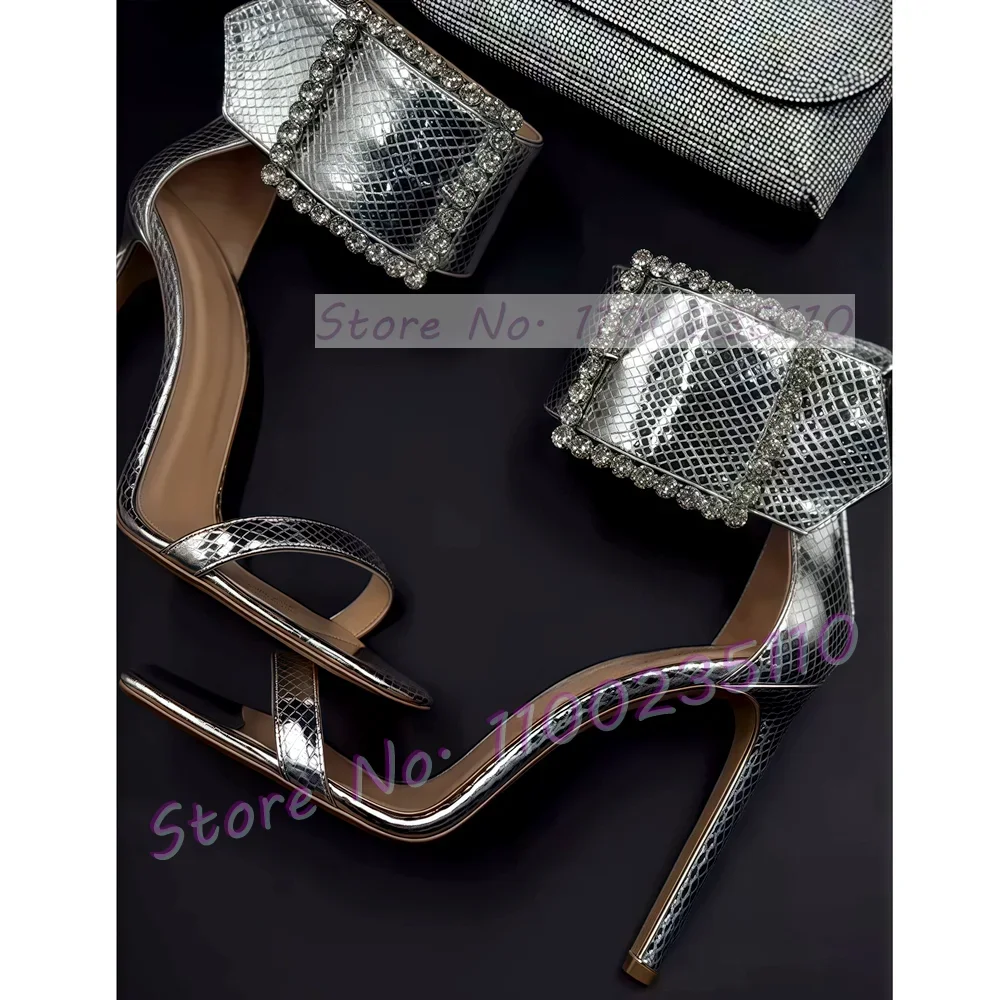 

Silver Crystal Buckle Strap Heeled Sandals Women Snake Print Ankle Strap High Heel Shoes Sexy Open Toe Feminine Party Sandals