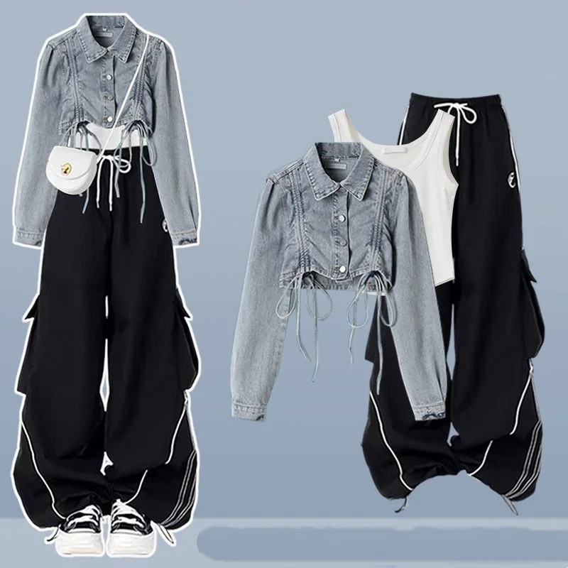 

Women Spring Autumn Short Shirring Denim Coats Vest Pants 1 or Three Piece Set Fashion New Jeans Jacket Tank Tops Trousers Suits