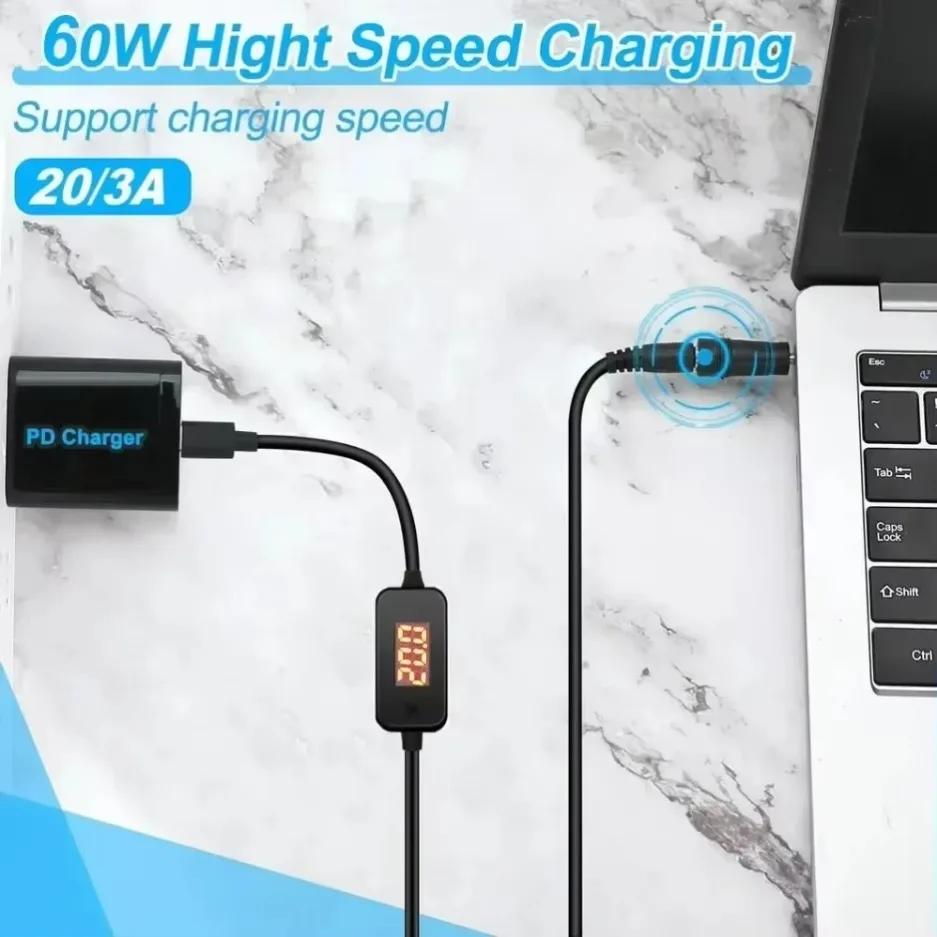 5-20V Adjustable Voltage PD Fast Charging Cable for Lenovo Asus Hp Acer Laptop and More Type C to DC5.5x2.1mm Power Adapter Cord