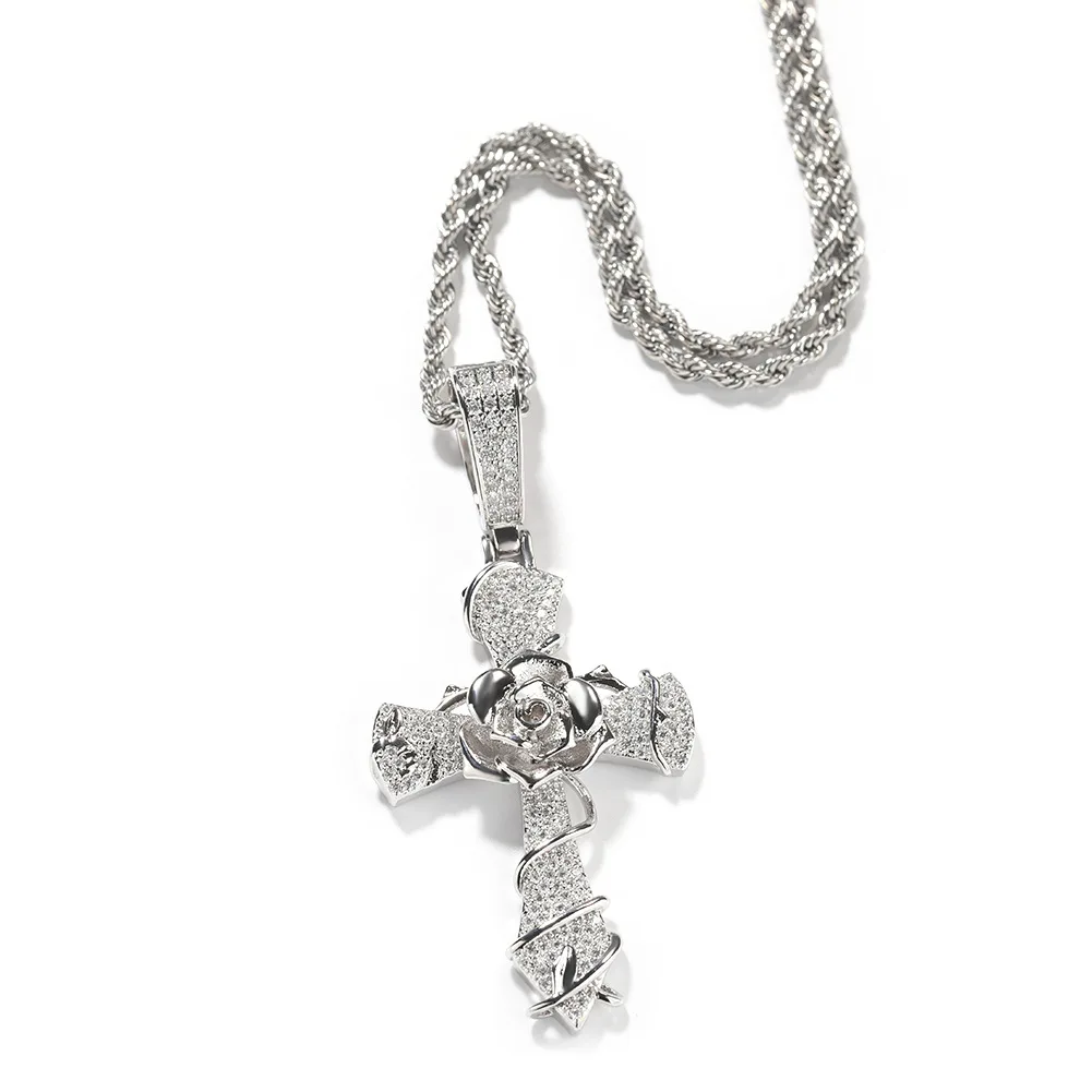 New Rose Cross Shape Bling Bing Iced Out Pendant Necklace Rock Rapper Fashion Hip Hop Jewelry BP277