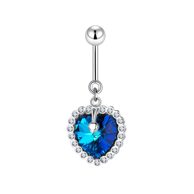 MIQIAO Silver 925 Blue Zircon Heart Piercing Belly Button Rings Body Jewelry Woman Decoration Heart Of The Ocean Gift For Lover