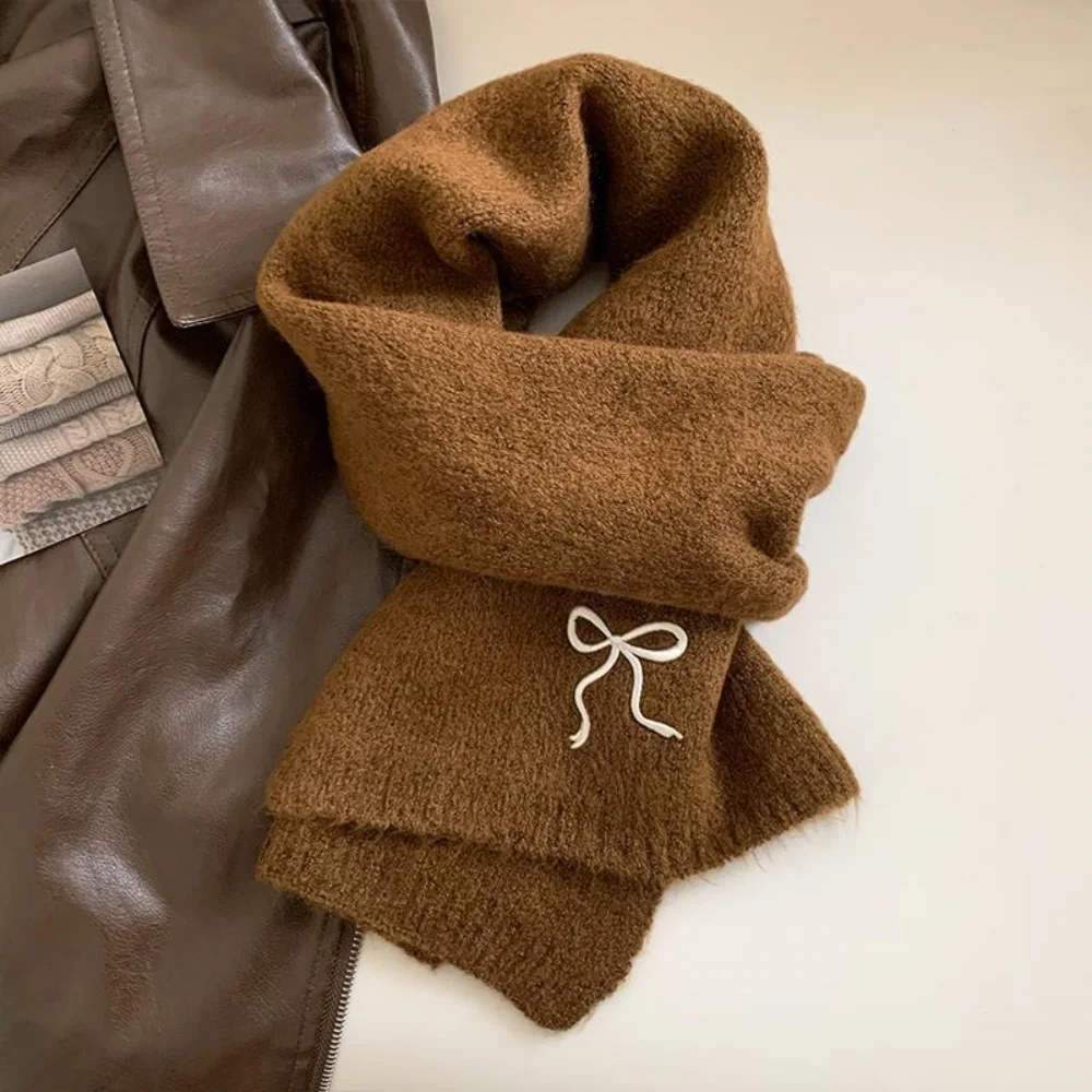 

Зимний шерстяной шарф, однотонный шарф с вышивкой и бантом, утепленные вязаные шарфы, трендовый шейный платок для девочек, повседневная одежда