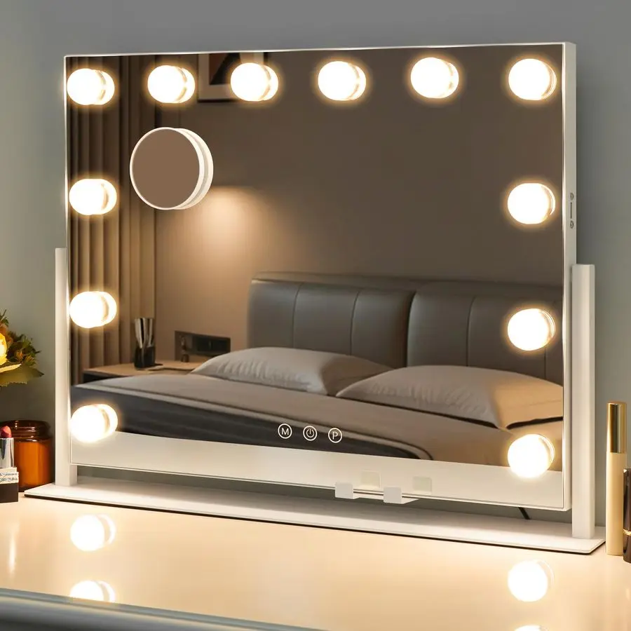 Mirror with Lights, Hollywood Lighted Makeup Mirror with 12 Dimmable LED Bulbs for Dressing Room amp Bedroom, 3 Light ModesSlim