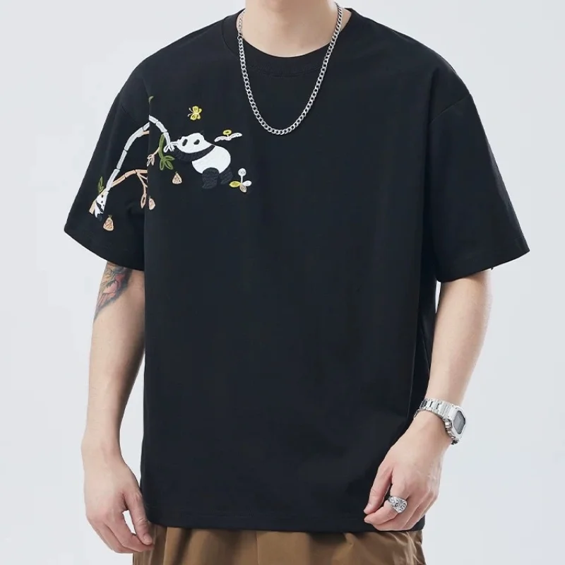 Y2K Hip Hop Street Fashion Korean Edition Oversize Unisex 2024 Summer Fashion New All Cotton Panda Pattern Short Sleeve T-shirt